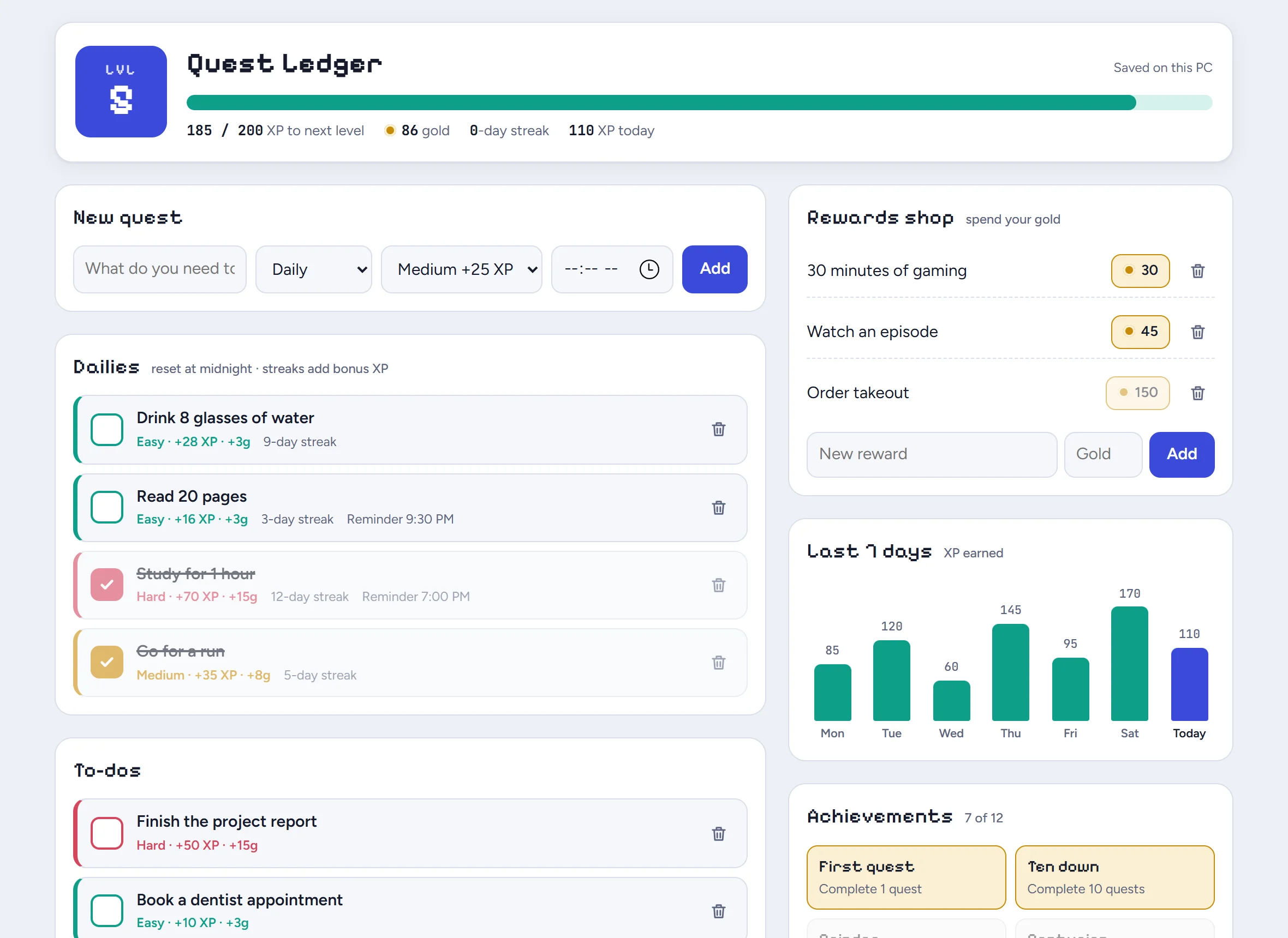 Quest Ledger ברמה 5, עם משימות יומיות, רצפים, חנות פרסים וגרף נקודות ניסיון של 7 הימים האחרונים