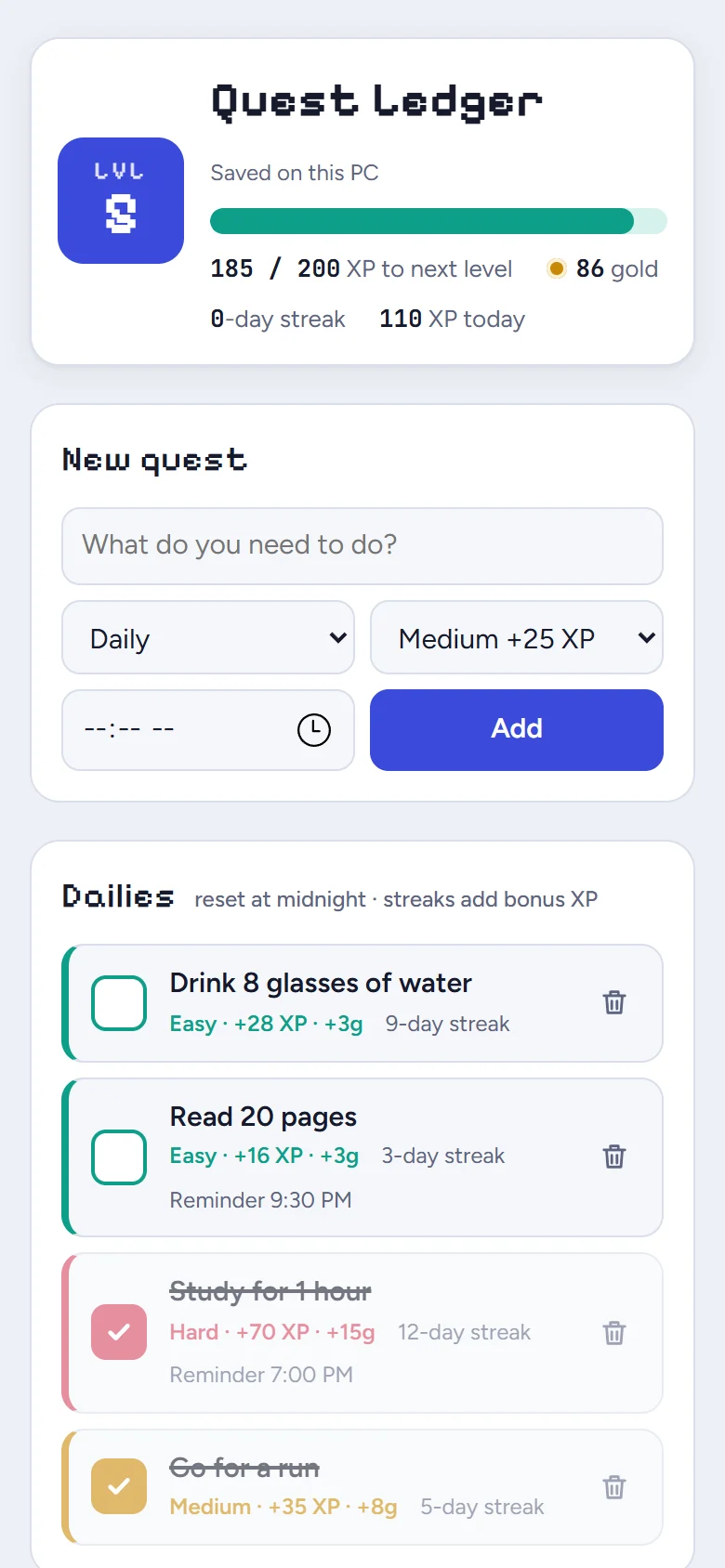Quest Ledger בחלון צר, כשהפריסה מסודרת בעמודה אחת